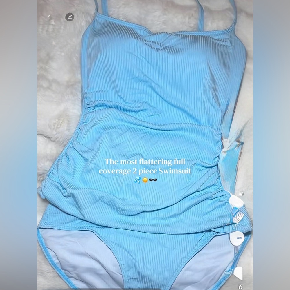 Sky Blue Ribbed Tankini Two-Piece Ruched Tummy Control Tankini Set - Picture 4 of 14